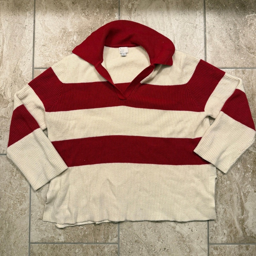 A New Day Red Cream Striped Collared V-Neck Ribbed Knit Sweater Large
